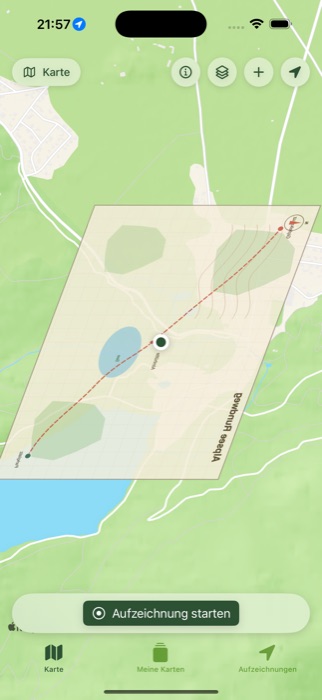 MapWrapper zeigt eine georeferenzierte Wanderkarte passgenau über der Hintergrundkarte, inklusive Live-Standort.